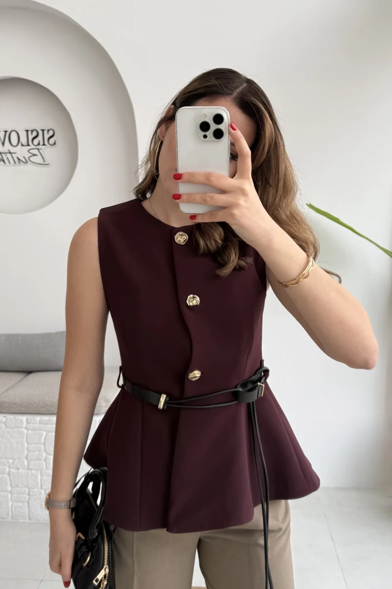 Kemer Detay Gold Düğmeli Yelek - Mürdüm - Kod: 9682