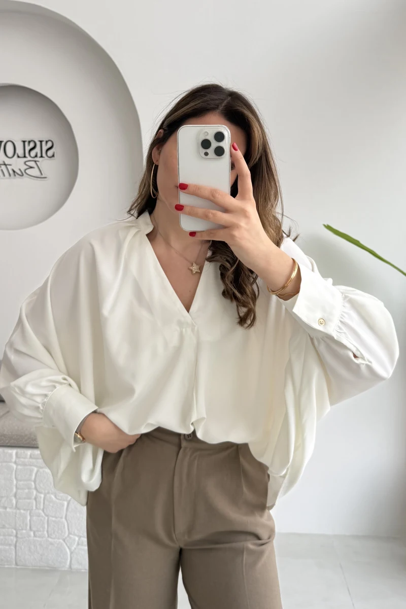 Natalie Yarasa Kol Saten Gömlek - Ekru - Kod: 0575