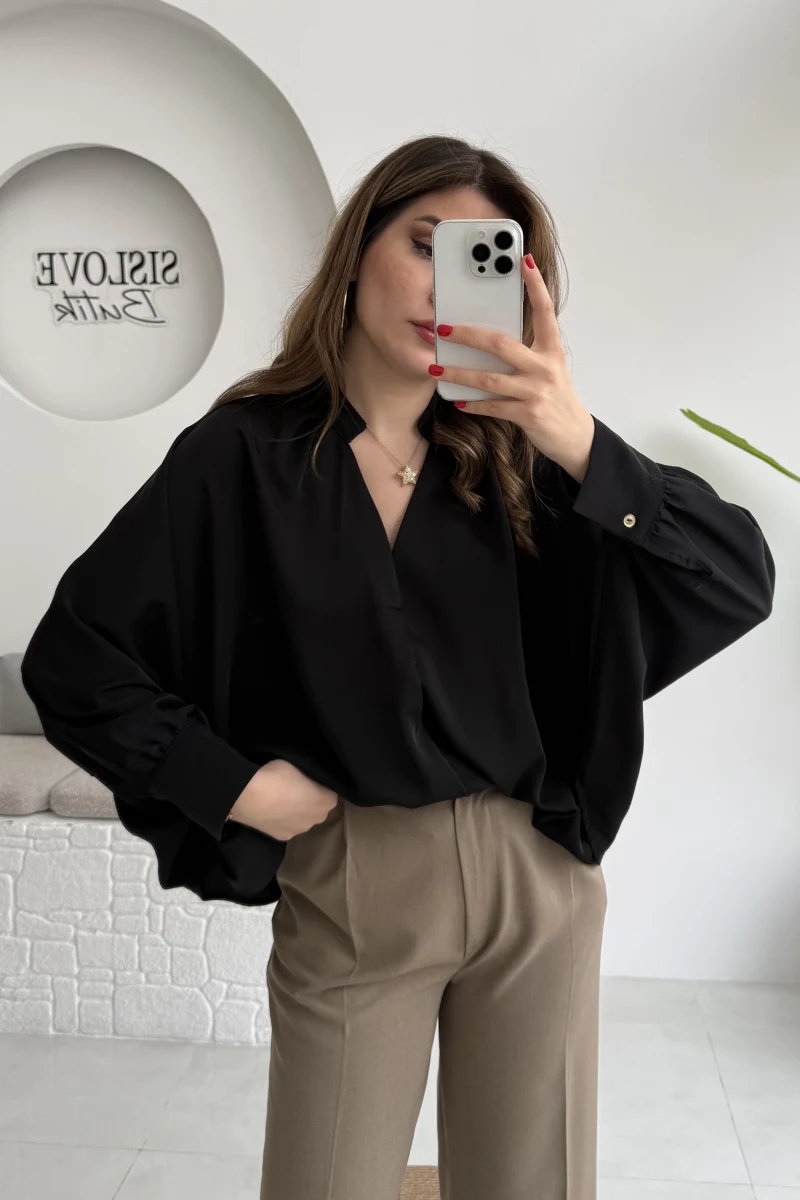 Natalie Yarasa Kol Saten Gömlek - Siyah - Kod: 0575