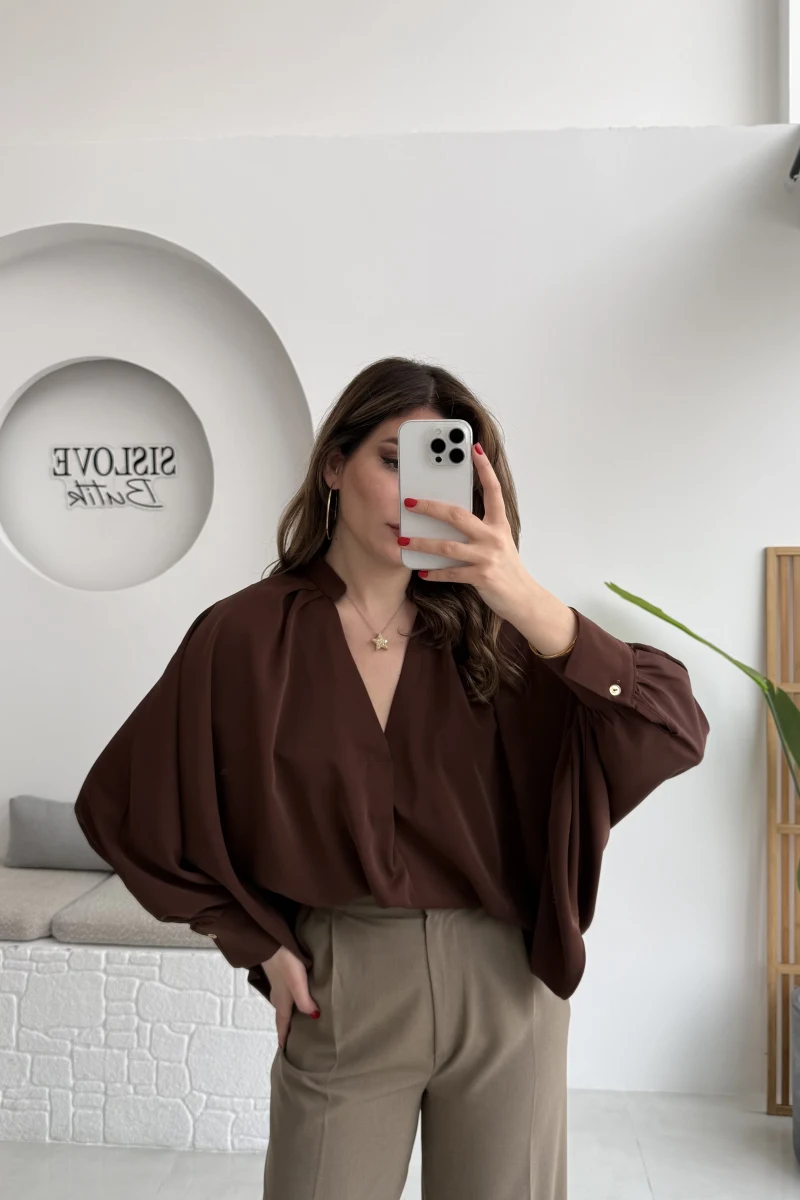 Natalie Yarasa Kol Saten Gömlek - Acı Kahve - Kod: 0575