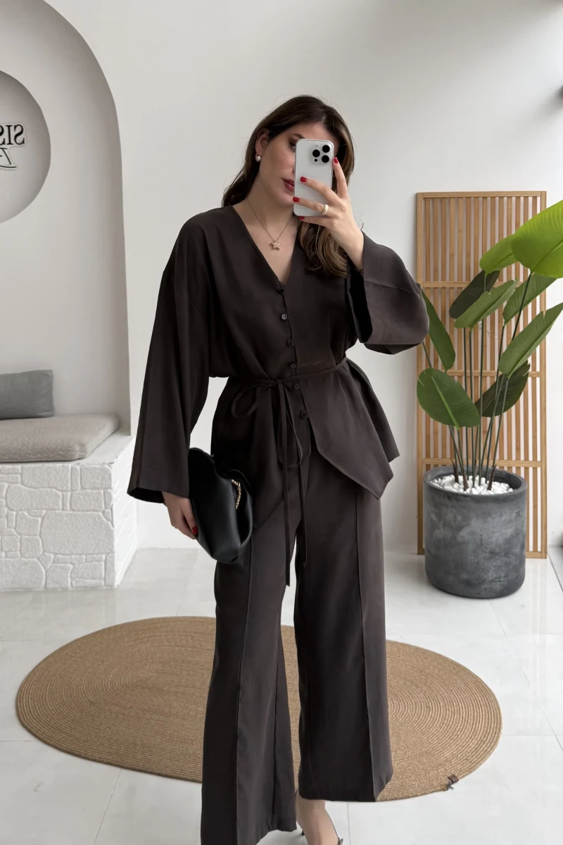 Palermo Bağcıklı Düğmeli Takım - Acı Kahve - Kod: 8916