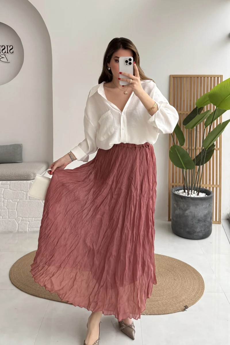 Astarlı Kırışık Beli Lastikli Etek - Gül Kurusu - Kod: 3207