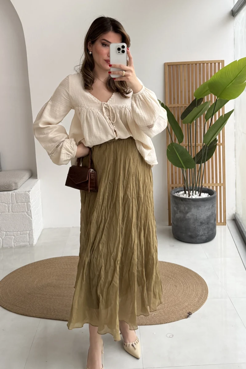 Astarlı Kırışık Beli Lastikli Etek - Olive - Kod: 3207