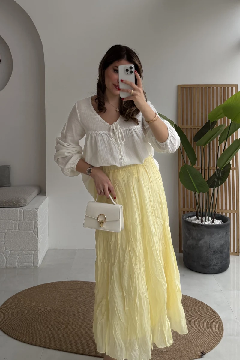 Astarlı Kırışık Beli Lastikli Etek - Açık Sarı - Kod: 3207