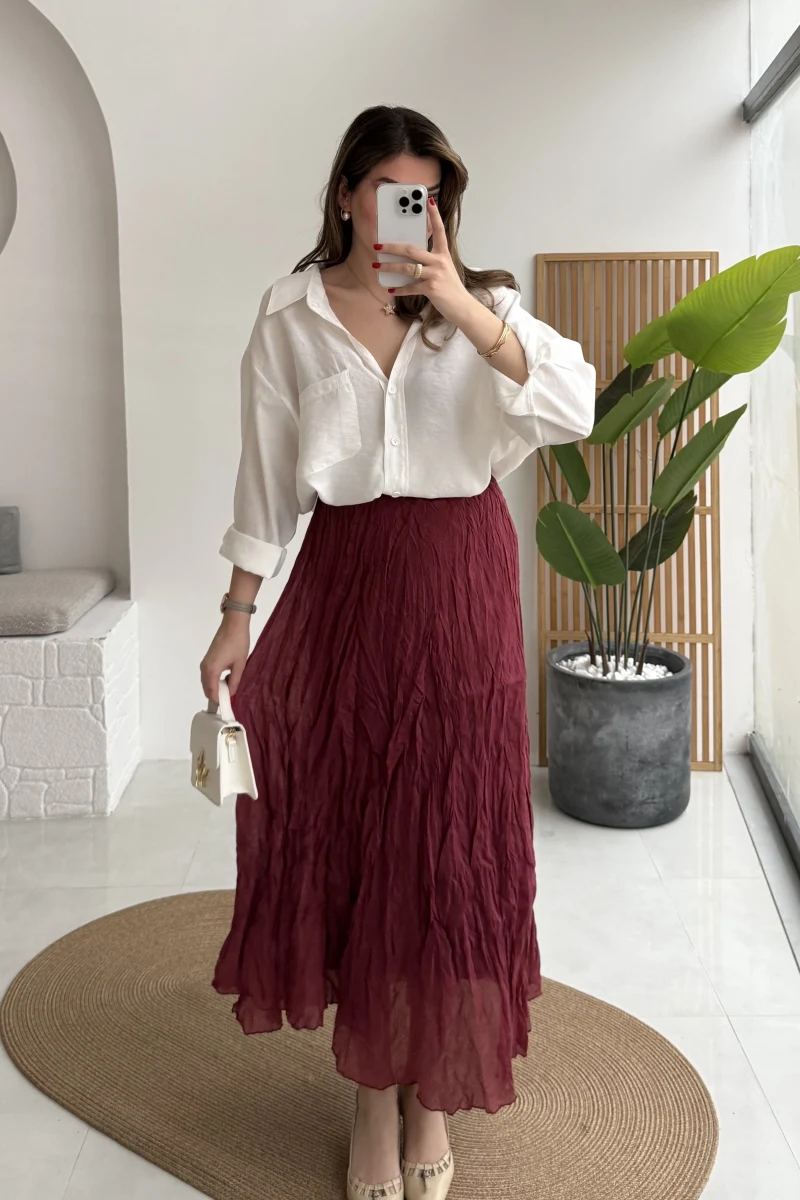 Astarlı Kırışık Beli Lastikli Etek - Bordo - Kod: 3207