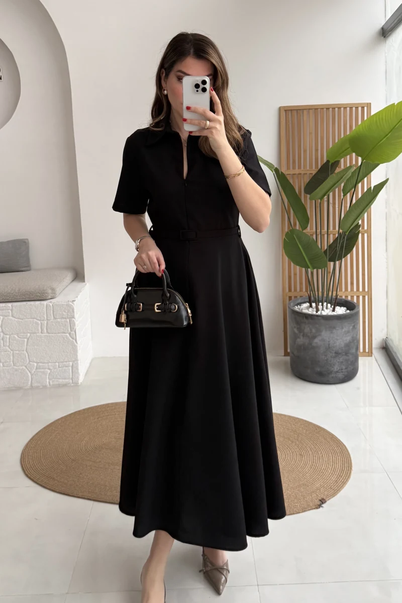 Sia Kısa Kol Kemerli Elbise - Siyah - Kod: 2341