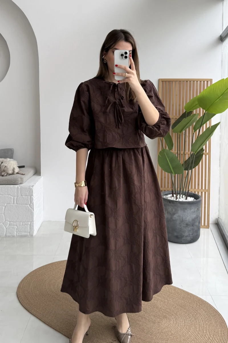 Brera Balon Kol Dokulu Etek Bluz Takım - Kahverengi - Kod: 6045