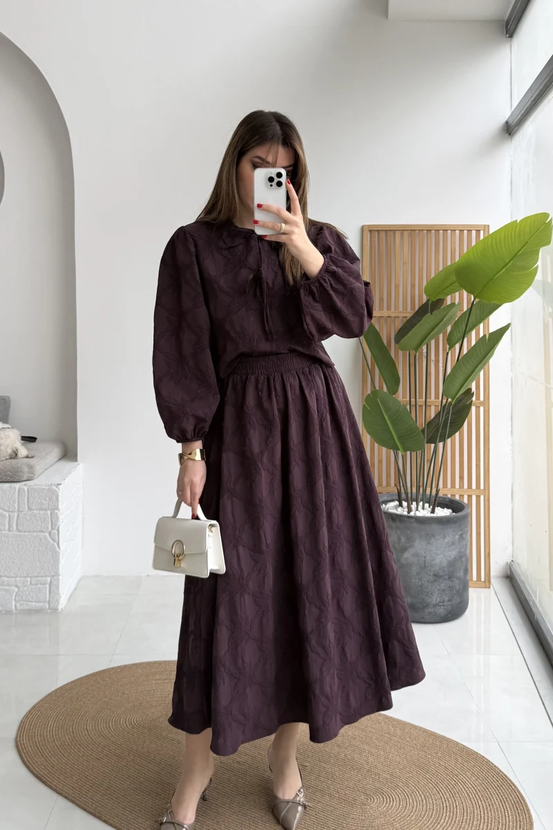 Brera Balon Kol Dokulu Etek Bluz Takım - Mürdüm - Kod: 6045