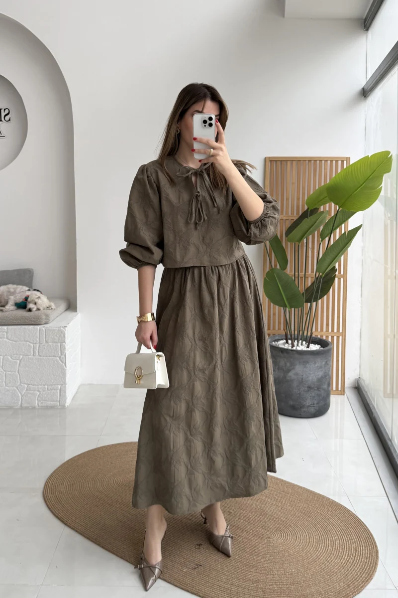 Brera Balon Kol Dokulu Etek Bluz Takım - Haki - Kod: 6045