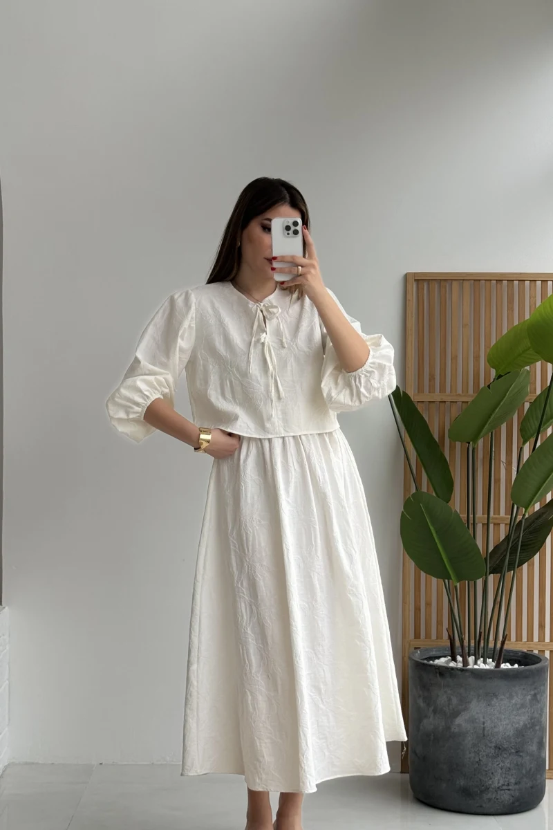 Brera Balon Kol Dokulu Etek Bluz Takım - Ekru - Kod: 6045