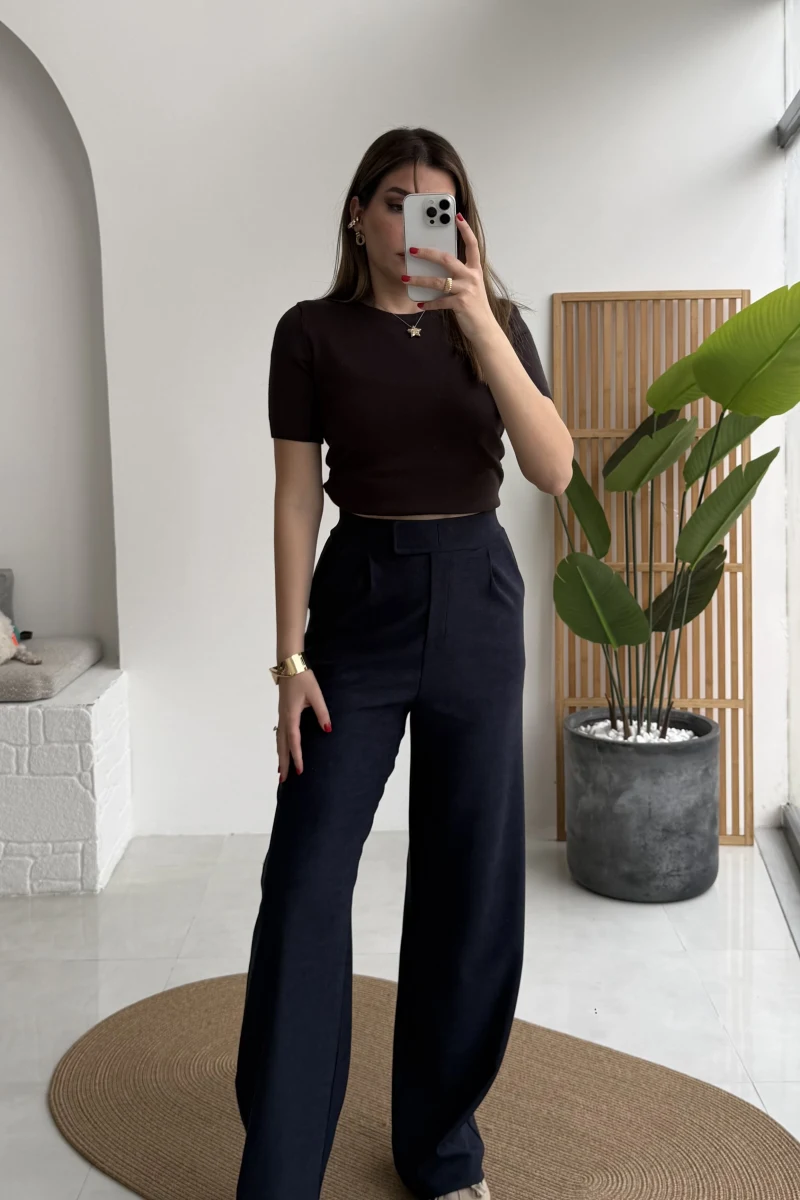 Kadife Cırt Detay Pantolon - Lacivert - Kod: 3997