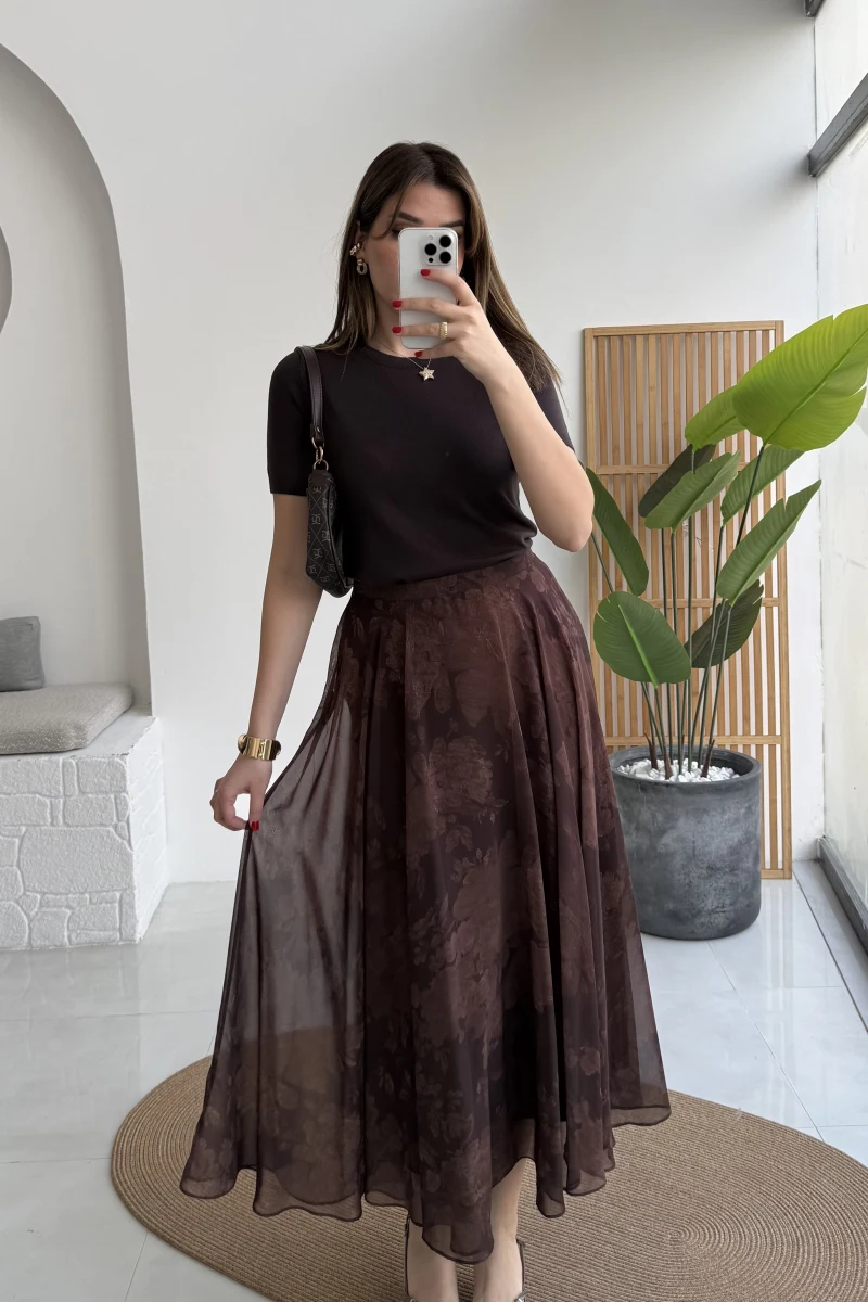 Çiçek Desenli Astarlı Tül Etek - Kahverengi