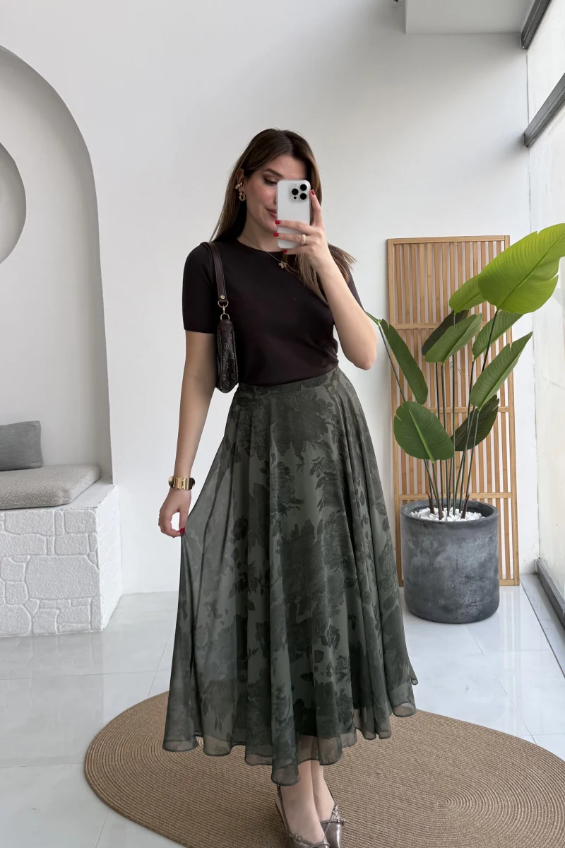 Çiçek Desenli Astarlı Tül Etek - Haki