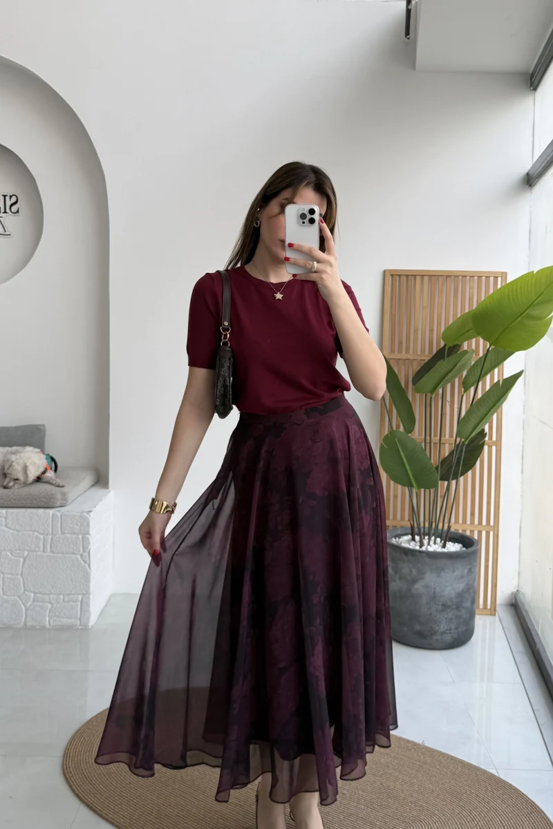 Çiçek Desenli Astarlı Tül Etek - Mürdüm