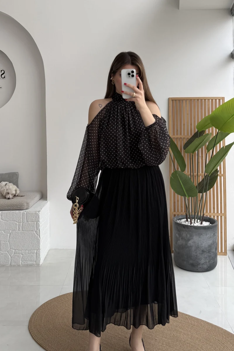 Piliseli Şifon Etek - Siyah - Kod: 0928