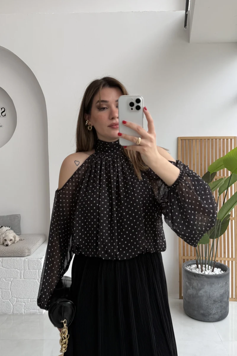 Puantiye Desen Şifon Bluz - Siyah - Kod: 0906