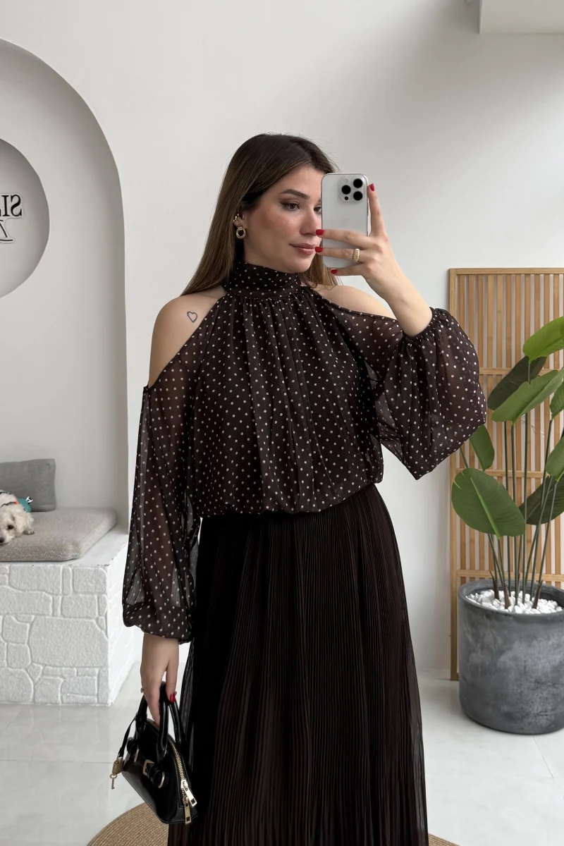 Puantiye Desen Şifon Bluz - Kahverengi - Kod: 0906