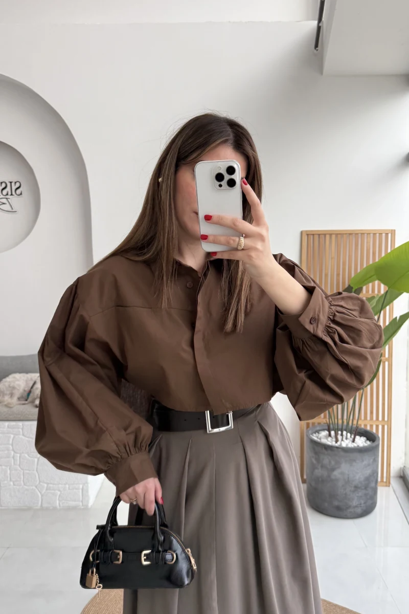 Crop Balon Kol Poplin Gömlek - Kahve - Kod: 5008