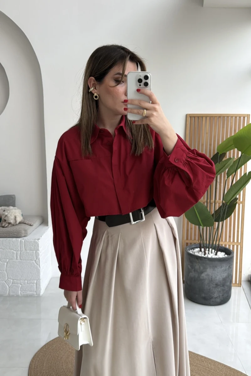 Crop Balon Kol Poplin Gömlek - Kırmızı - Kod: 5008