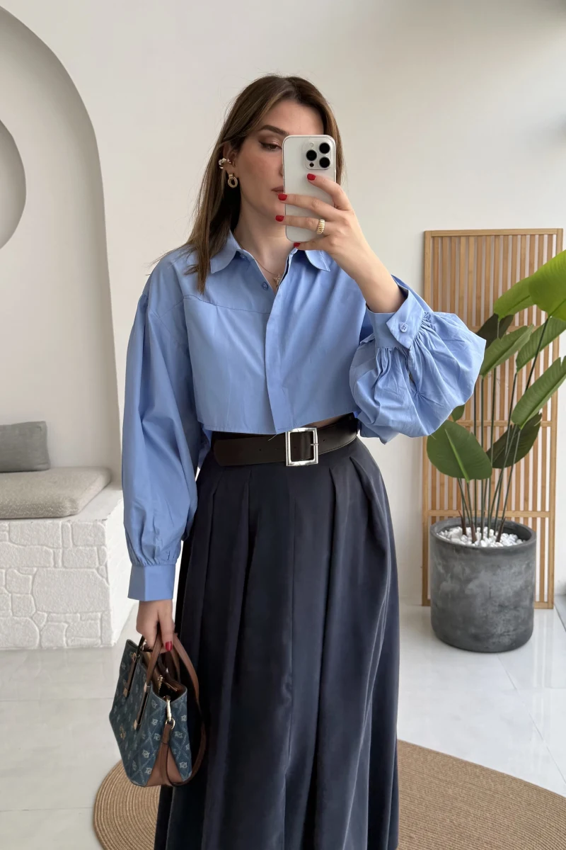 Crop Balon Kol Poplin Gömlek - Mavi - Kod: 5008