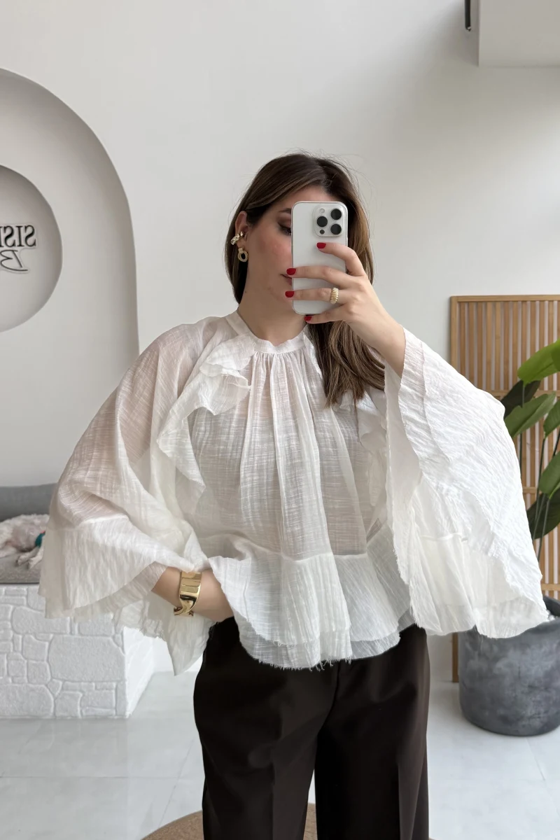 Fırfırlı Transparan Bluz - Beyaz - Kod: 5009