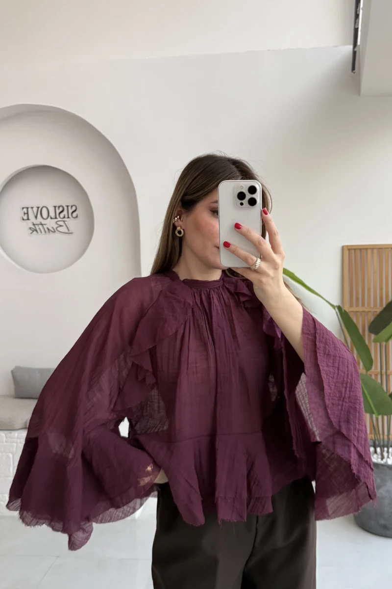 Fırfırlı Transparan Bluz - Mürdüm - Kod: 5009