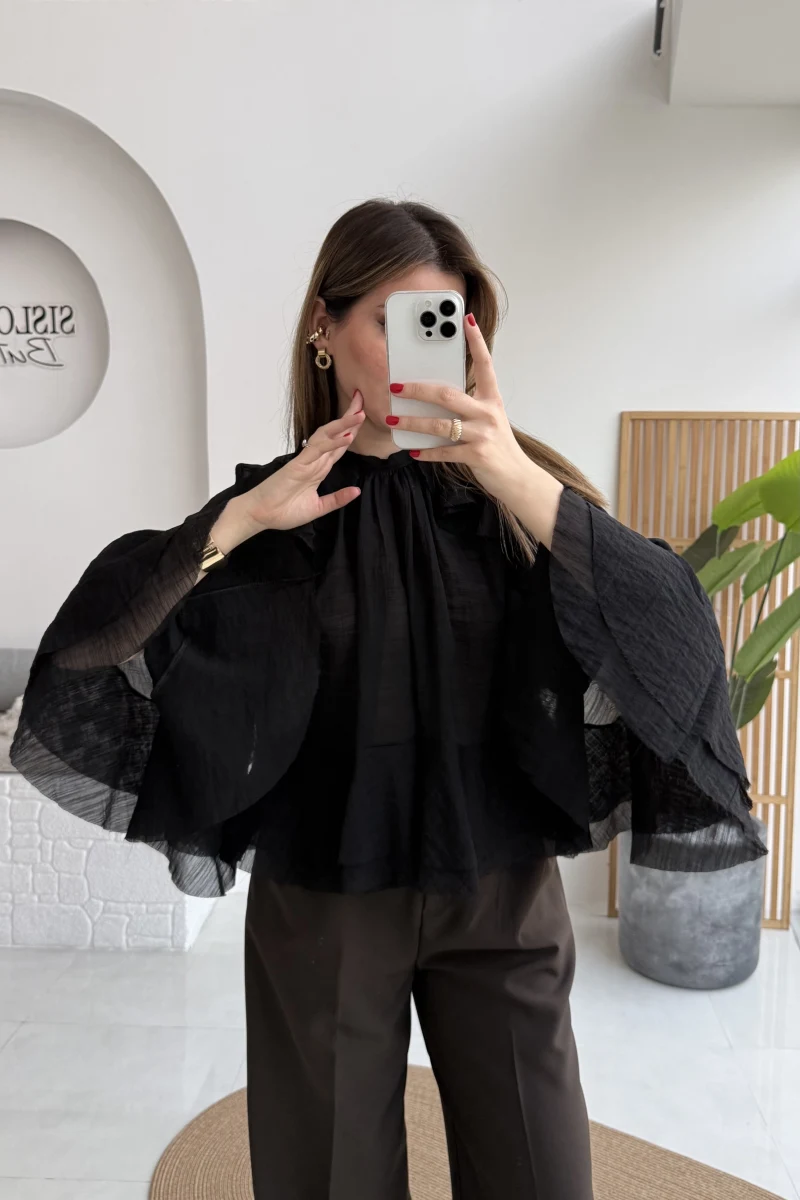 Fırfırlı Transparan Bluz - Siyah - Kod: 5009