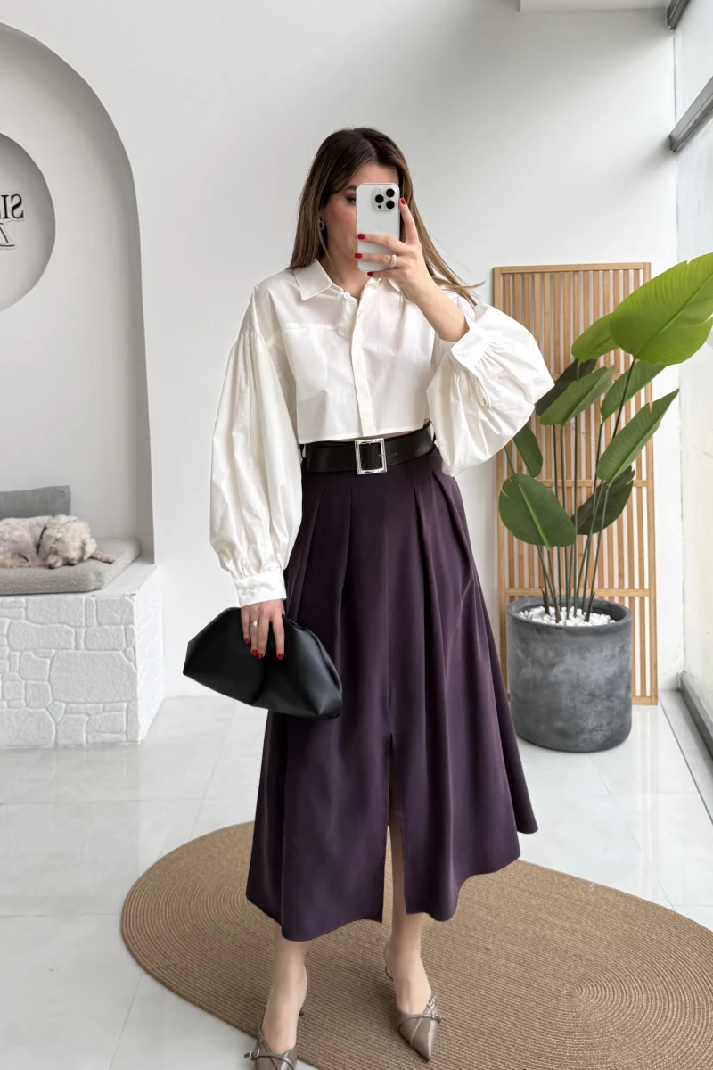 Bitter Kemerli Pileli Yırtmaç Detay Midi Boy Etek - Mürdüm - Kod: 5043