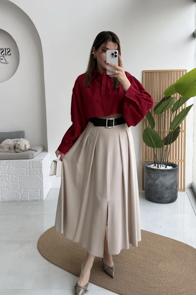 Bitter Kemerli Pileli Yırtmaç Detay Midi Boy Etek - Taş - Kod: 5043