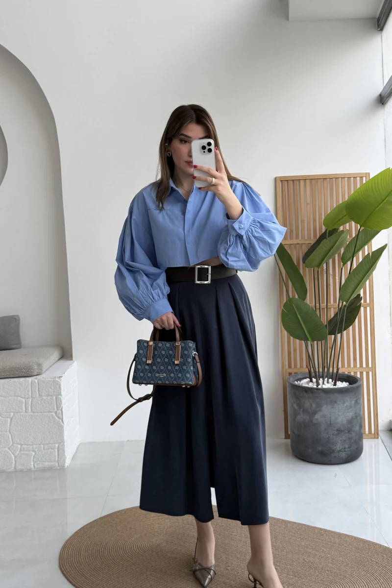 Bitter Kemerli Pileli Yırtmaç Detay Midi Boy Etek - Lacivert - Kod: 5043