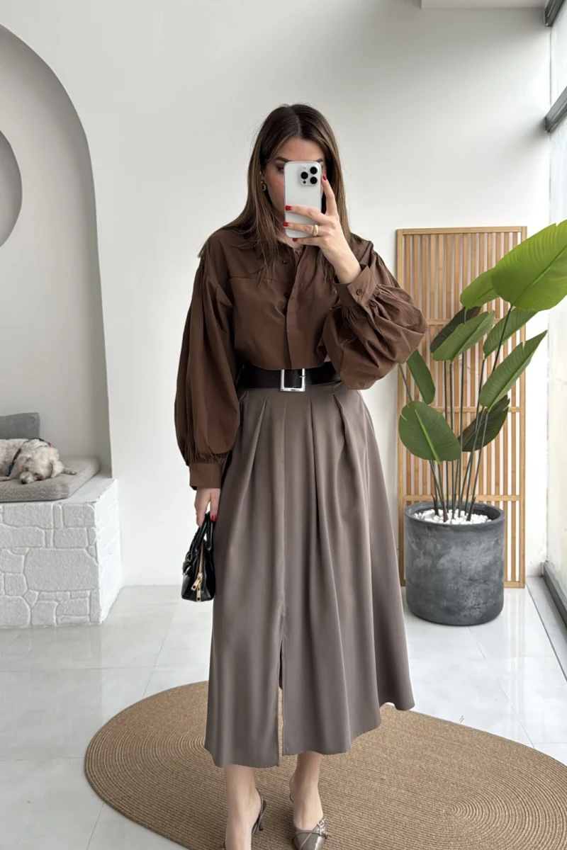 Bitter Kemerli Pileli Yırtmaç Detay Midi Boy Etek - Haki - Kod: 5043