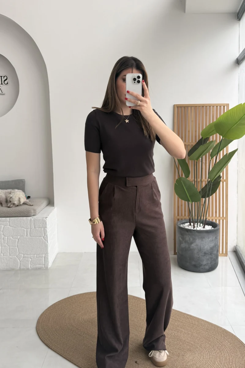 Kadife Cırt Detay Pantolon - Kahverengi - Kod: 3997