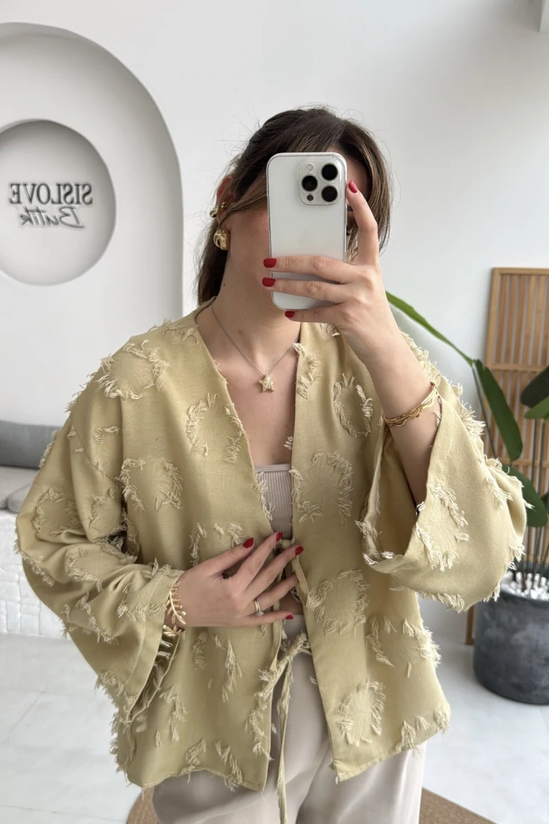 Püskül Detay Bağlamalı Kimono - Haki - Kod: 7012