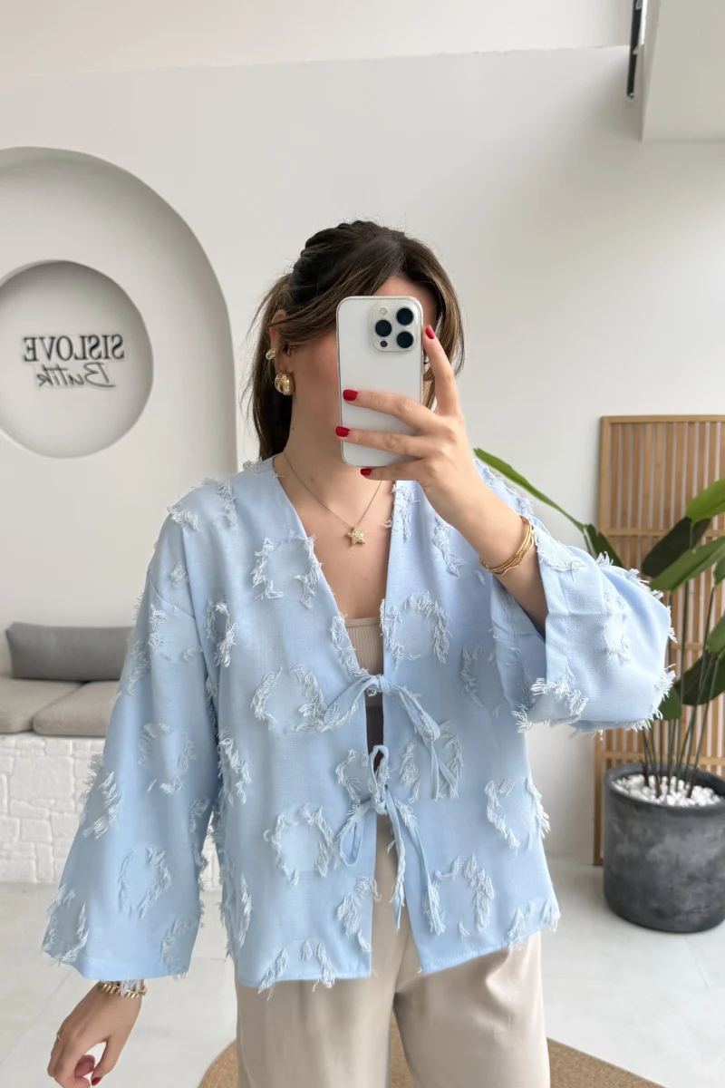 Püskül Detay Bağlamalı Kimono - Bebe Mavisi - Kod: 7012