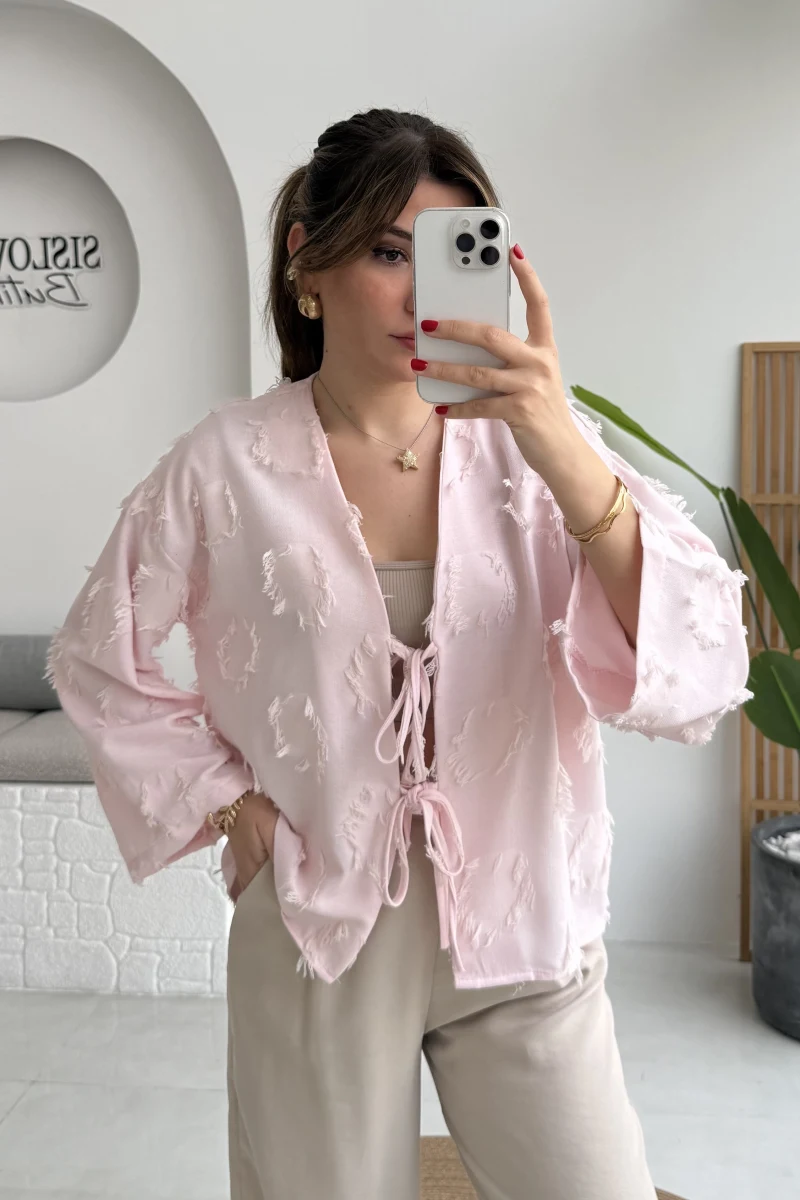 Püskül Detay Bağlamalı Kimono - Toz Pembe - Kod: 7012