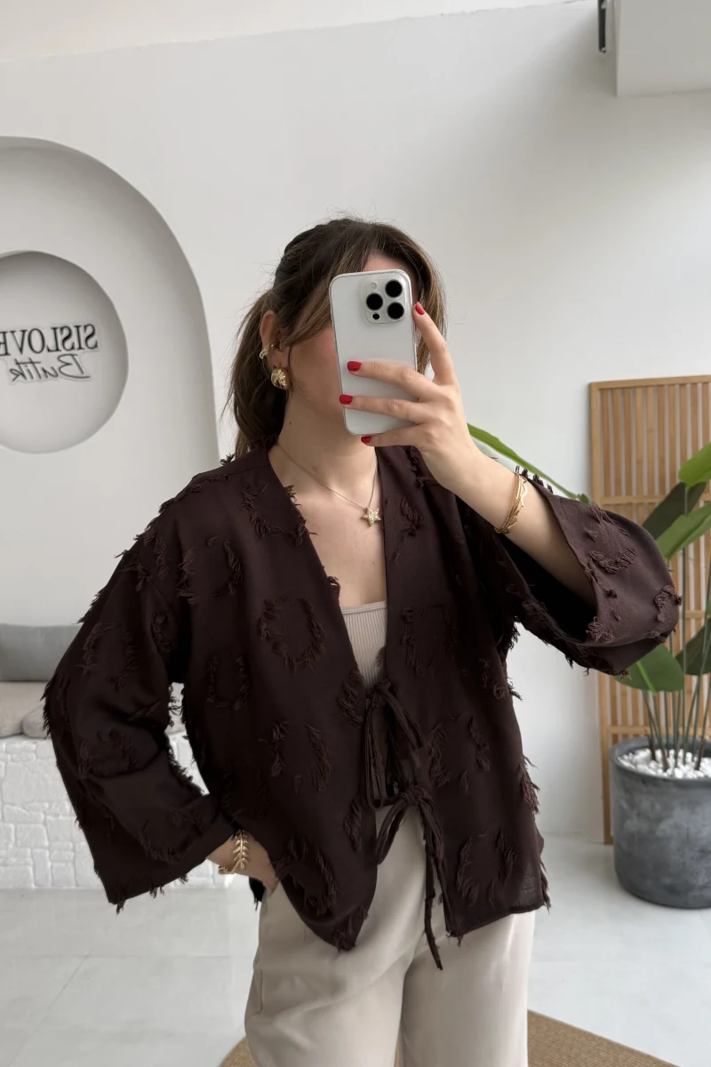 Püskül Detay Bağlamalı Kimono - Kahverengi - Kod: 7012