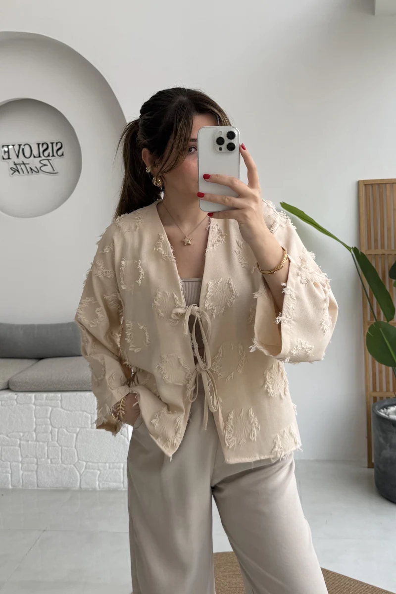 Püskül Detay Bağlamalı Kimono - Taş - Kod: 7012