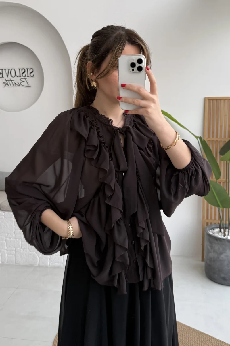 Mium Fırfırlı Fular Bağlamalı Şifon Bluz - Gömlek - Acı Kahve - Kod: 0943