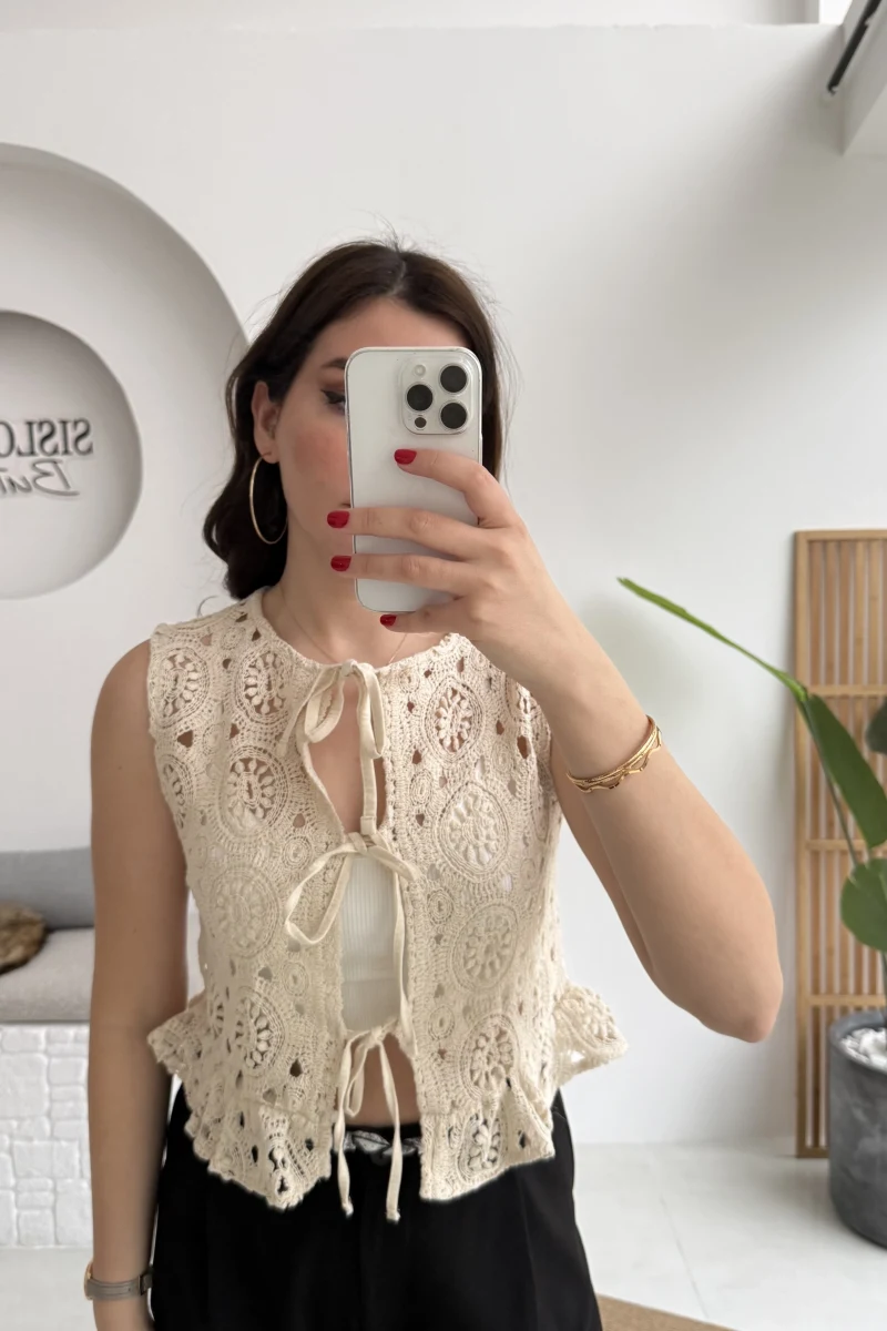 Dantelli Önden Bağlamalı Yelek - Ekru - Kod: 39161