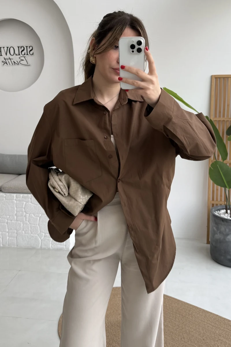 Paloma Tek Cepli Poplin Gömlek - Acı Kahve - Kod: 5020