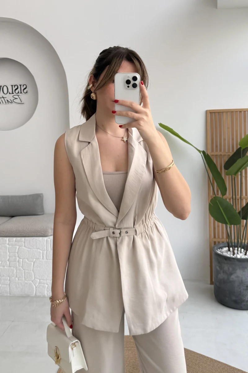 Modal Süet Kemerli Yelek - Taş - Kod: 8019