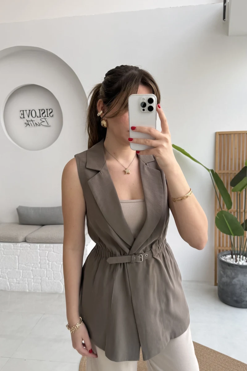 Modal Süet Kemerli Yelek - Haki - Kod: 8019