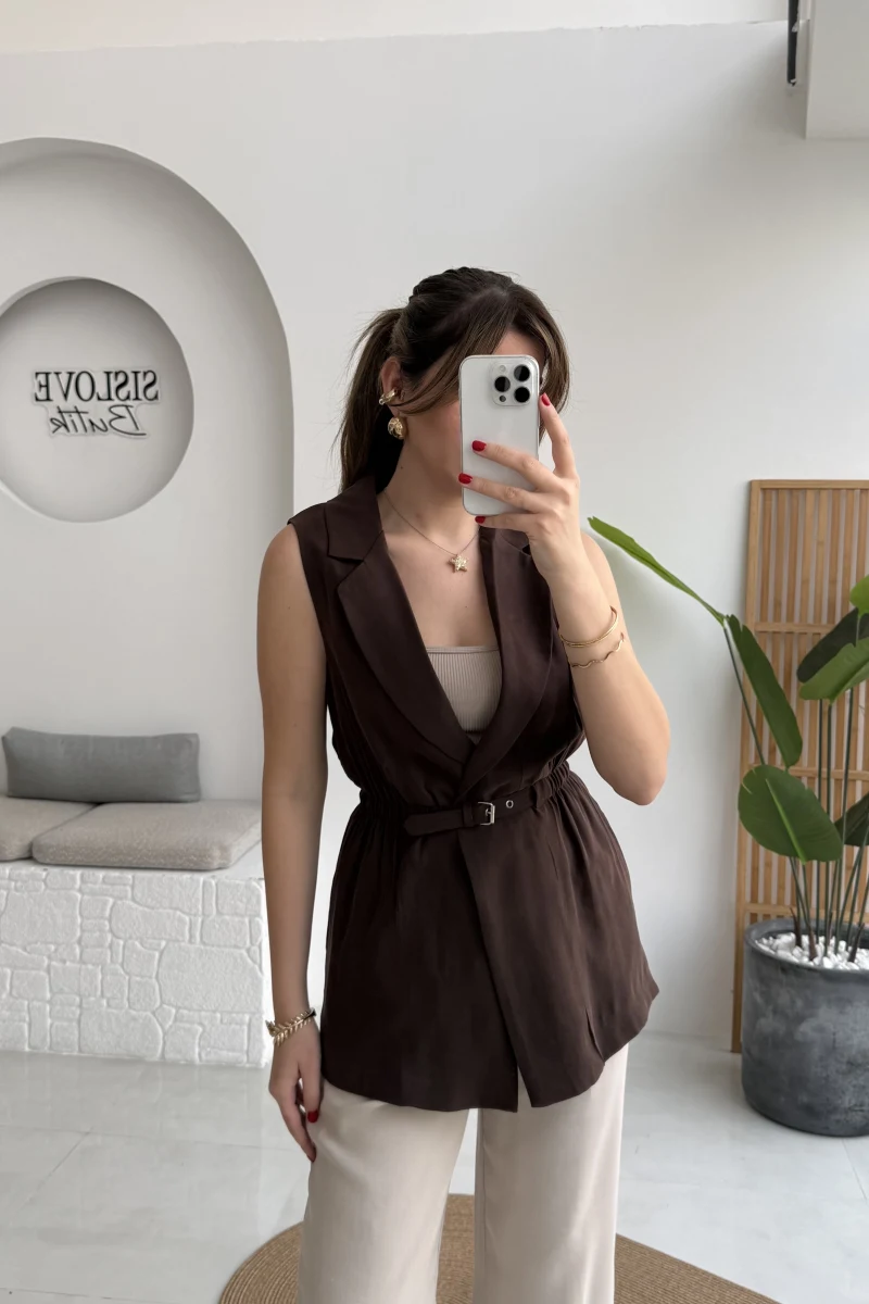 Modal Süet Kemerli Yelek - Kahverengi - Kod: 8019