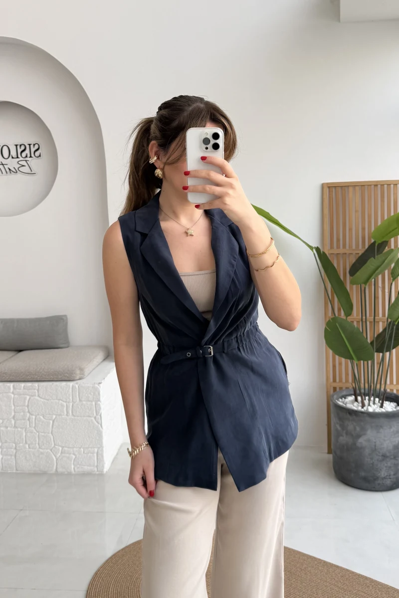 Modal Süet Kemerli Yelek - Lacivert - Kod: 8019