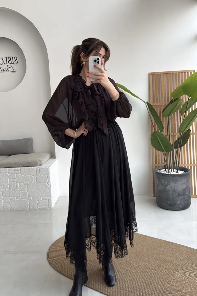 Arya Dantel Detay Asimetrik Kesim Şifon Etek - Siyah - Kod: 5050