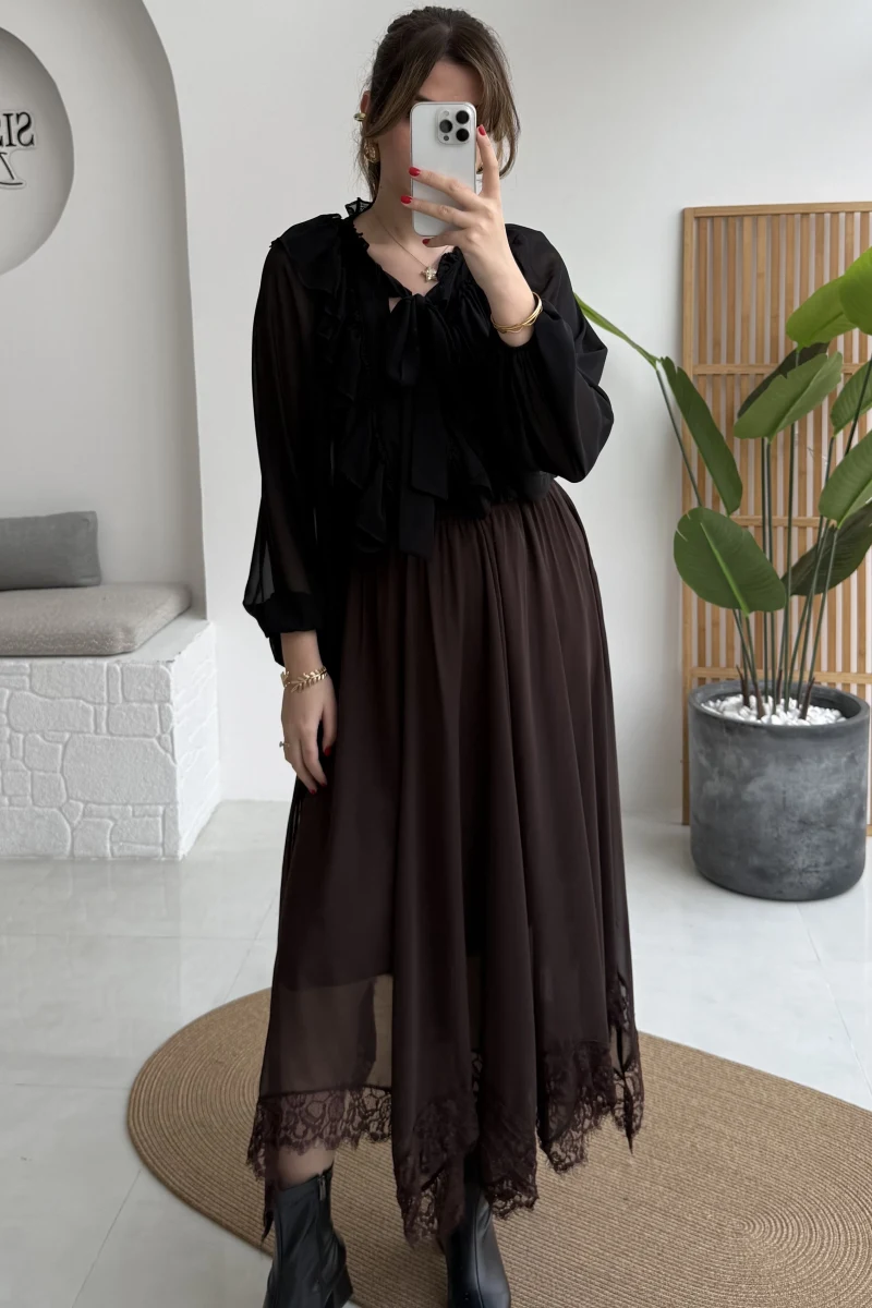 Arya Dantel Detay Asimetrik Kesim Şifon Etek - Kahverengi - Kod: 5050