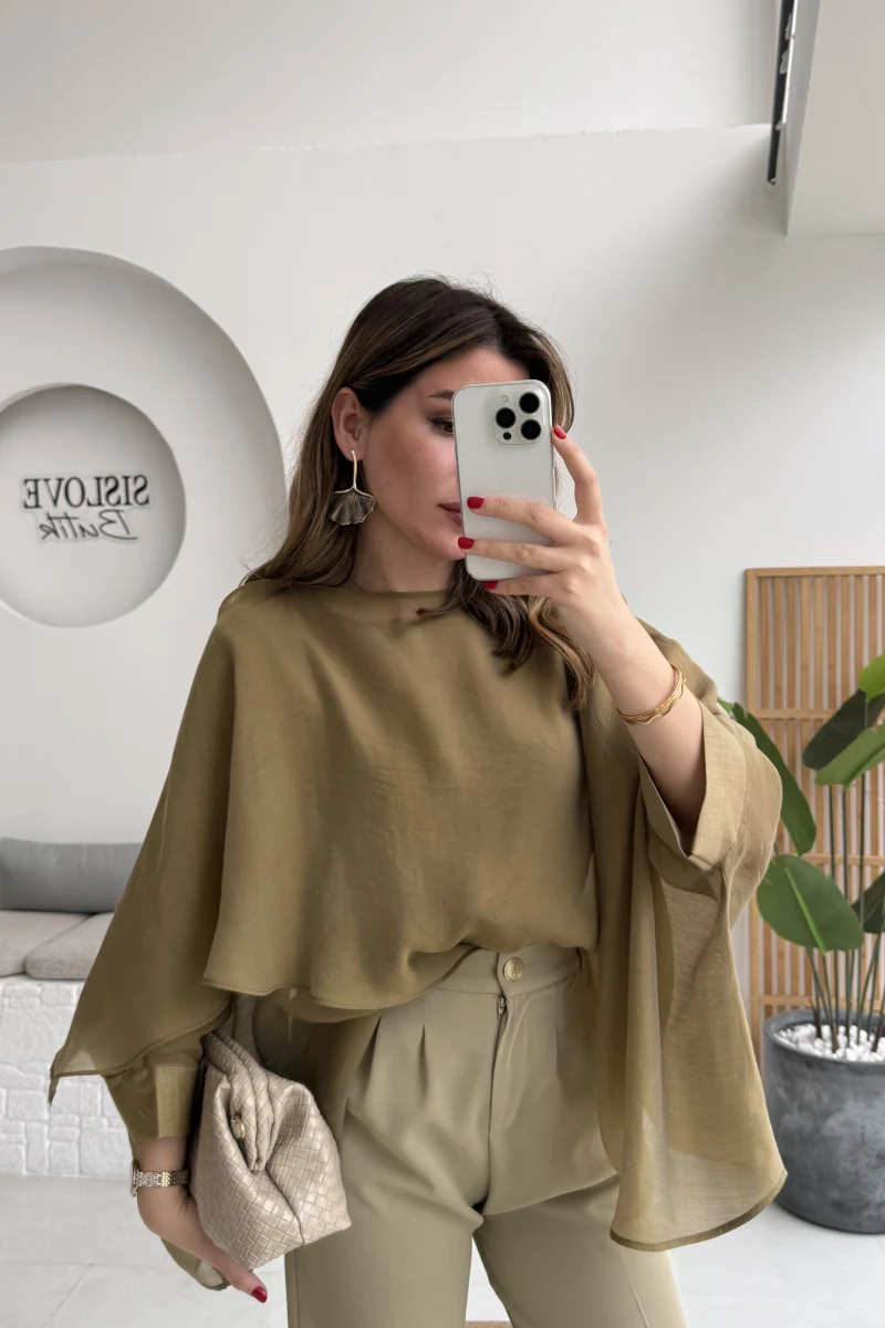 Uçuşan Pelerin Bluz - Olive - Kod: 5026
