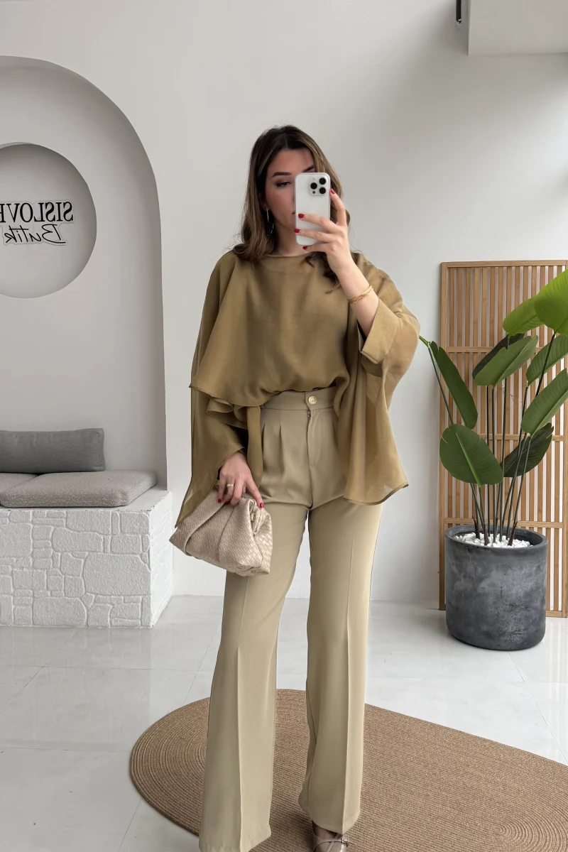 Pileli Palazzo Dökümlü Kumaş Pantolon - Ada Çayı Yeşil - Kod: 51078