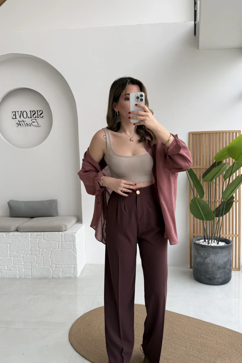 Pileli Palazzo Dökümlü Kumaş Pantolon - Gül Kurusu - Kod: 51078