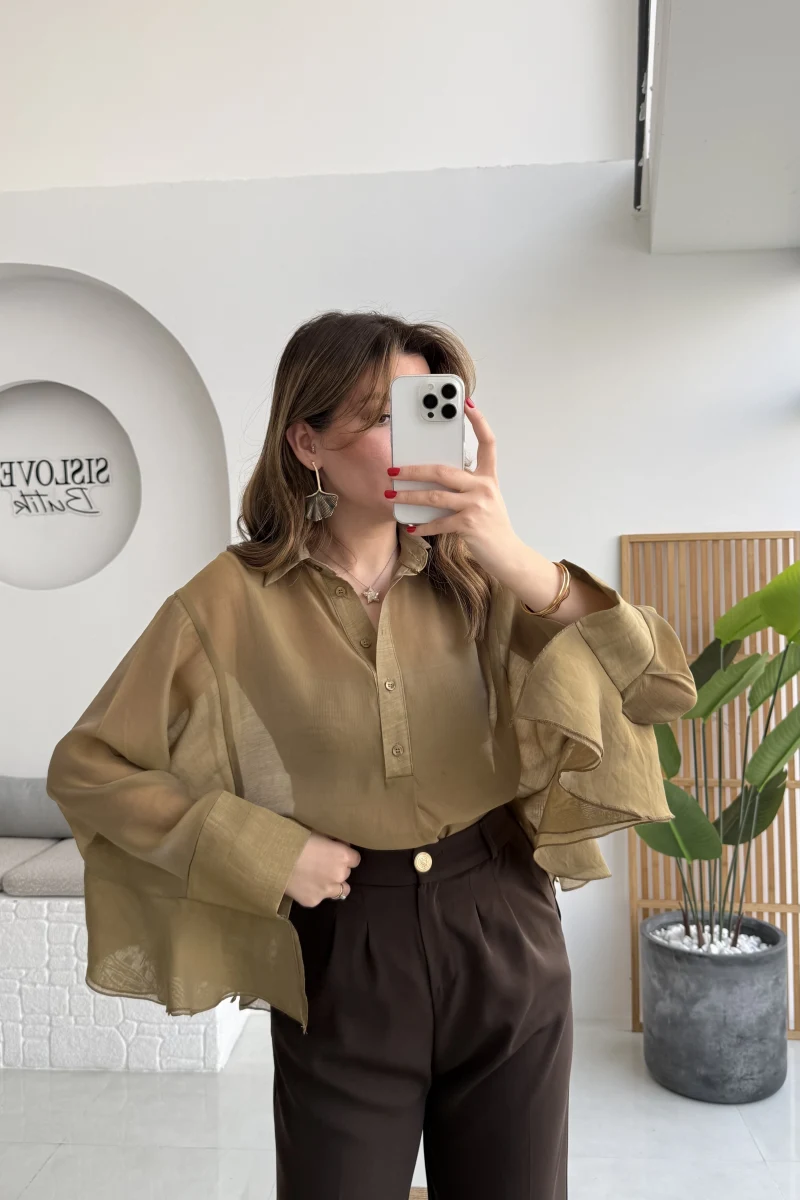 Polo Yaka Fırfırlı Bluz - Olive - Kod: 5031